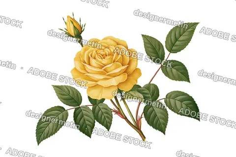 Vintage Yellow Rose Illustration With Green Leaves And A Bud, Isolated On Transparent Background, Png