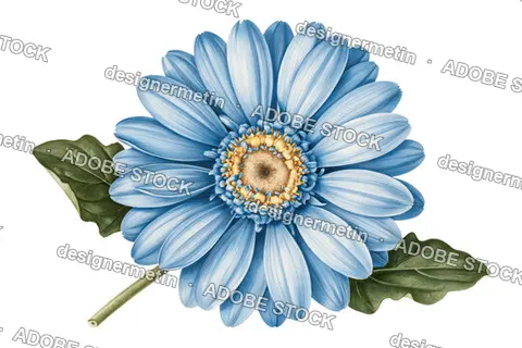 Vintage Blue Gerbera Daisy With Green Leaves And A Stem, Isolated On Transparent Background, Png