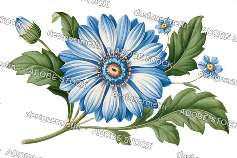 Vintage Blue Daisy Flower Blooming With Green Leaves, Isolated On Transparent Background, Png