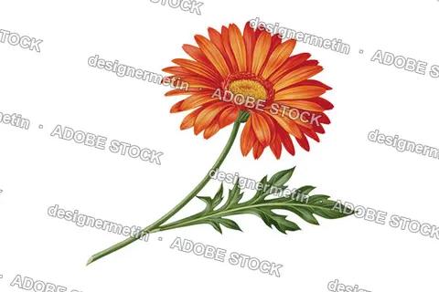 Orange Gerbera Daisy Flower With Green Stem And Leaf, Isolated On Transparent Background, Png