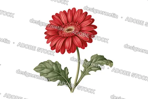 Vintage Red Gerbera Daisy Flower With Green Leaves, Isolated On Transparent Background, Png