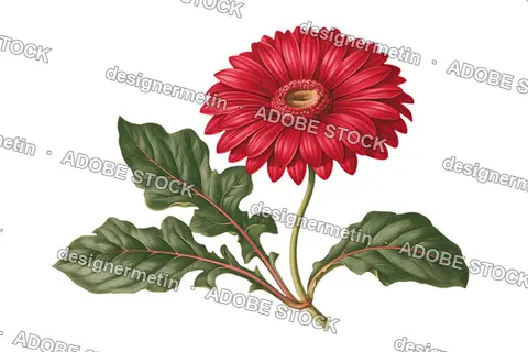 Vintage Red Gerbera Flower Drawing With Green Leaves, Isolated On Transparent Background, Png