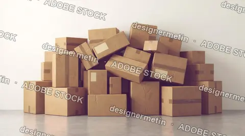 Large Pile Of Brown Cardboard Shipping Boxes Stacked Against A Plain White Wall