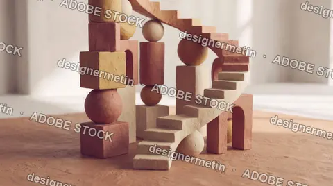 Minimalist Clay Sculpture Featuring Spiral Staircase And Geometric Forms In Soft Light