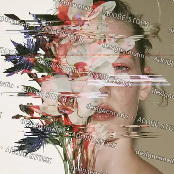 Glitch Art Portrait Of A Woman Obscured By Orchids And Digital Distortion