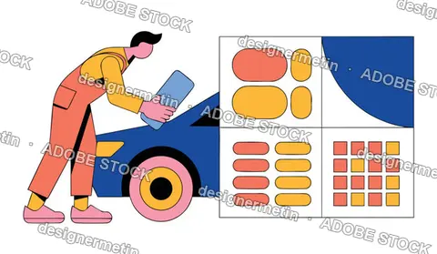 Vector Illustration Of A Male Worker Cleaning A Blue Car With Abstract Geometric Patterns