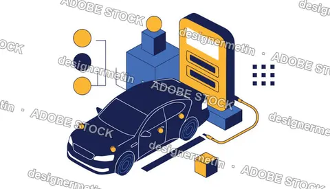 Isometric Vector Illustration Of A Dark Blue Electric Car Charging At A Station