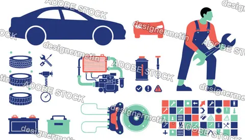Professional Car Mechanic And Automotive Parts Set For Vehicle Repair Vector Illustration
