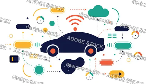 Vector Illustration Of A Smart Connected Car Communicating With A Digital Ecosystem