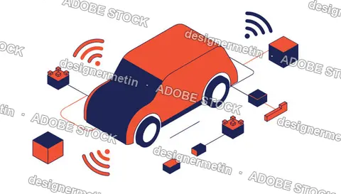 Red Autonomous Smart Car Vector Illustration With Data Blocks And Signals