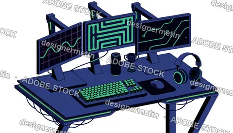 Futuristic Gaming Workstation Vector, Triple Monitor Desk Setup Office