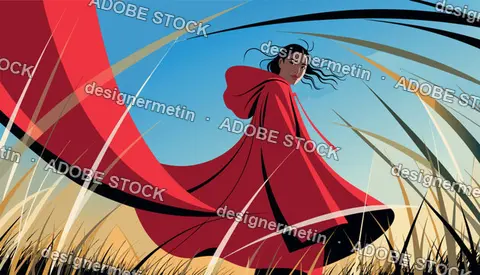 Mysterious Woman In A Red Hooded Cloak Standing In A Grassy Field, Vector Illustration