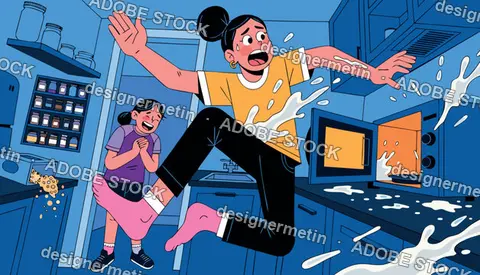 Surprised Woman Jumping From Exploding Microwave In Kitchen Vector Illustration