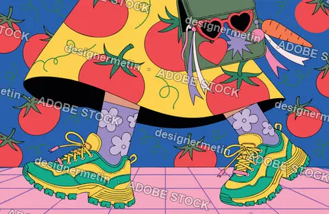 Stylish Vector Person Walking In Tomato Print Skirt And Sneakers On Blue Background