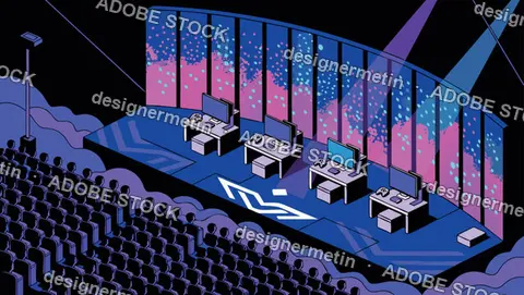 Esports Tournament Stage Vector Illustration With Gaming Stations And Audience In Arena