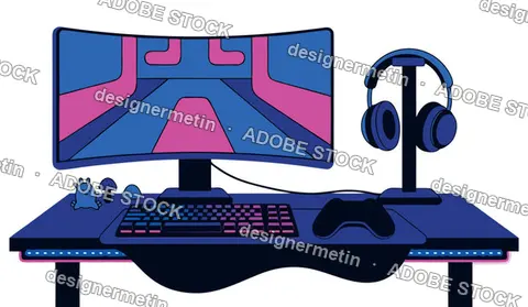 Modern Gaming Desk Setup With Curved Monitor And Headphones Vector Illustration