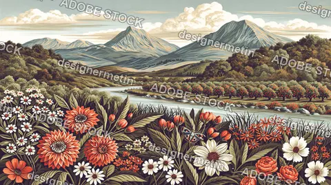 Flower Meadow With Orange And White Blossoms, Mountainous Valley Landscape, Calm Sky