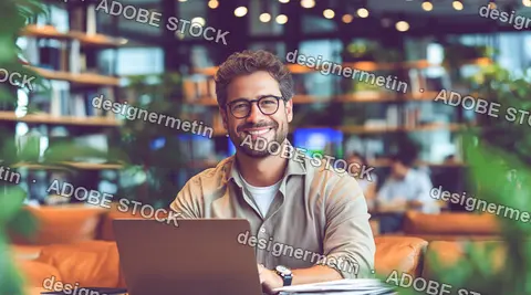 Smiling Man With Glasses Working On Laptop In Cozy Modern Cafe With Warm Lights