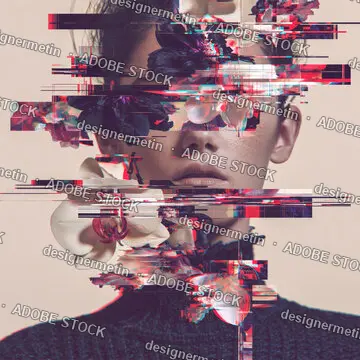 Portrait Of Person With Abstract Glitch Effect, Red Blue Lines On Light Background