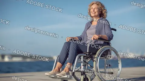 Smiling Disabled Elderly Woman In Wheelchair Outdoors, Enjoying Sunny Seaside Day