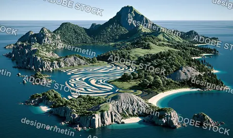 Mountain Lake And Coastline With Curving Sandy Beach And Colorful Shoreline Pattern