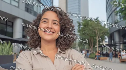 Smiling Woman With Curly Hair In Business District Street, Outdoor Natural Light