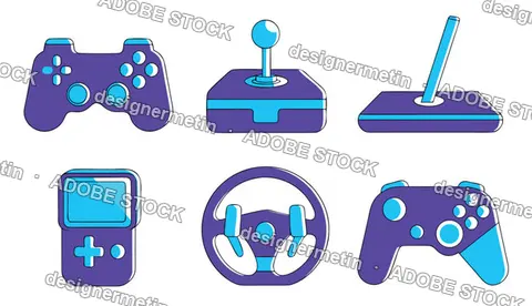 Purple And Blue Video Game Controller Icons Set For Gaming Apps Vector Illustration