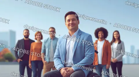 Smiling Business Man In Light Blue Suit Sitting Outdoors With Teammates In Blurred City Background