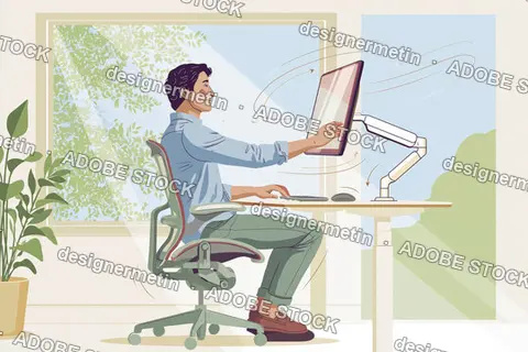 Young Man Working At Desk With Tablet, Sit On Office Chair, Using Screen And Standing Light, Bright Home Office