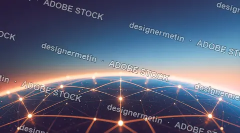 Global Digital Network Sphere With Connected Lines At Sunset, Futuristic Technology Background In Deep Blue And Orange