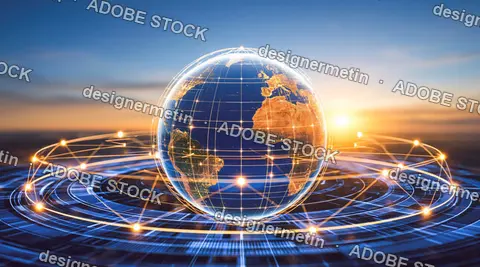 Glowing Digital Earth With Network Lines And Satellite Orbits Over Futuristic Blue Technology Background