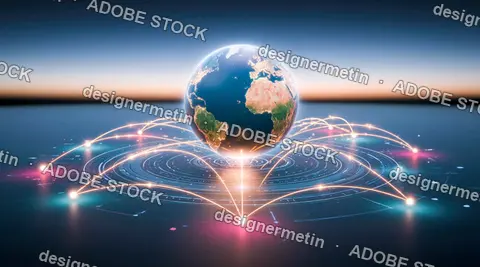 Glowing Earth With Network Lines And Data Circles Over Dark Blue Background, Futuristic Global Connectivity Concept