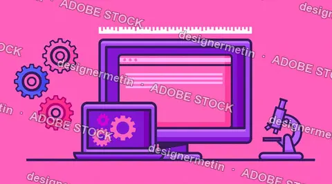 Colorful Illustration Of Desktop Screen, Tablet Interface, Gears, And Microscope On Bright Pink Background