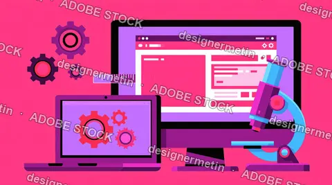 Digital Research Concept With Laptop, Microscope, Gears Ui Icons, And Data Panel On Pink Background Illustration