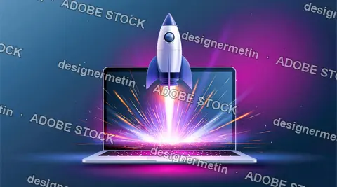 Rocket Launching From Laptop Screen With Glowing Light Rays And Neon Purple Blue Space Background