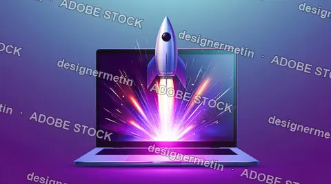 Rocket Launch Concept, Floating Over Laptop Screen With Light Burst And Spark Lines On Purple Background