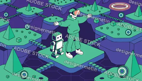 Man Wearing Vr Goggles Standing With Robot On Floating Platforms Vector Scene