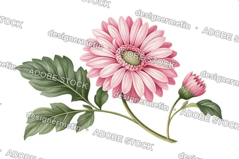 Pink Gerbera Daisy Flower With Green Leaves, Isolated On Transparent Background, Png