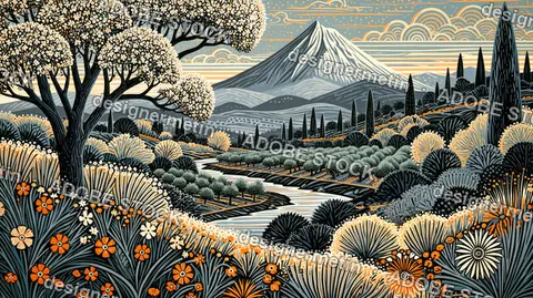 Mountains Landscape With Blossom Trees And Colorful Flowers