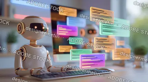 Holographic Messages Over Desk With Friendly Robot Using Keyboard In Office