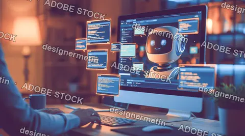 Robot Assistant Working With Coding Screens On Monitors In Cozy Office Lighting