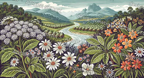 Landscape With White Flowers, Orange Blooms, And Winding River Through Green Hills