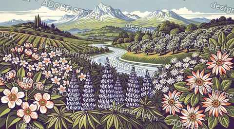 Mountain Landscape With Flower Field, Blooming Blossoms And Winding River View