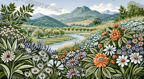 Wildflower Meadow With Lavender, Orange And White Blooms, Mountain Valley Landscape