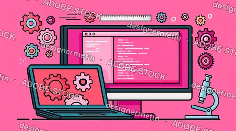 Laptop Computers With Gears, Code Lines, And Microscope, Pink Technology Background