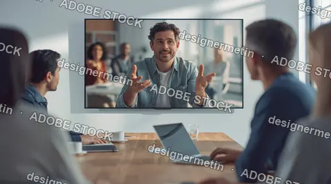 Online Meeting Video Call Displayed On Screen, Team Discussing With Hands Gesture