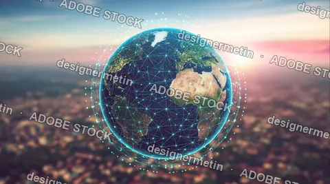 Globe With Digital Network Lines Over Earth Planet At Sunset Background For Tech Concepts