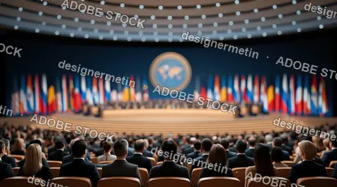 Audience In Conference Hall With Flags And Central Emblem Under Blue Lights