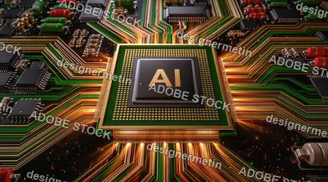 Ai Chip With Circuit Board Traces And Microchips Background, Futuristic Technology