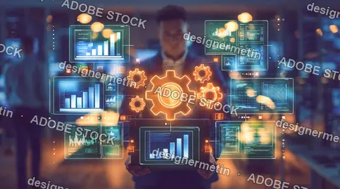 Businessman In Office With Connected Data Dashboards And Gear Icons Concept